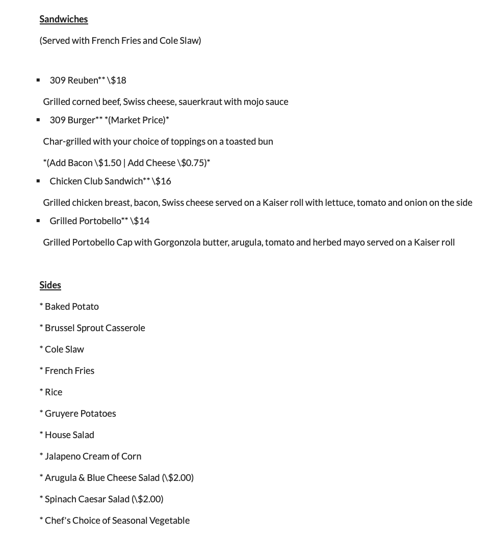 Dinner Sandwiches and Sides 309 Bistro Edenton NC