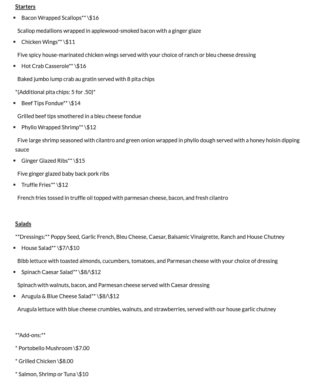 Starters and Salads for Dinner at 309 Bistro Edenton NC